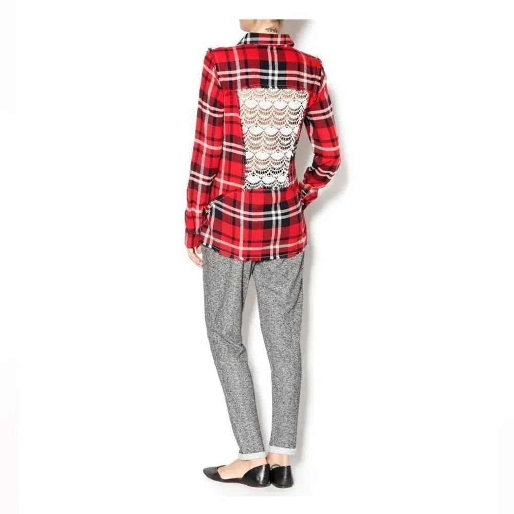 Anthropologie White Crow Red and White Flannel Shirt with Back Lace Detail